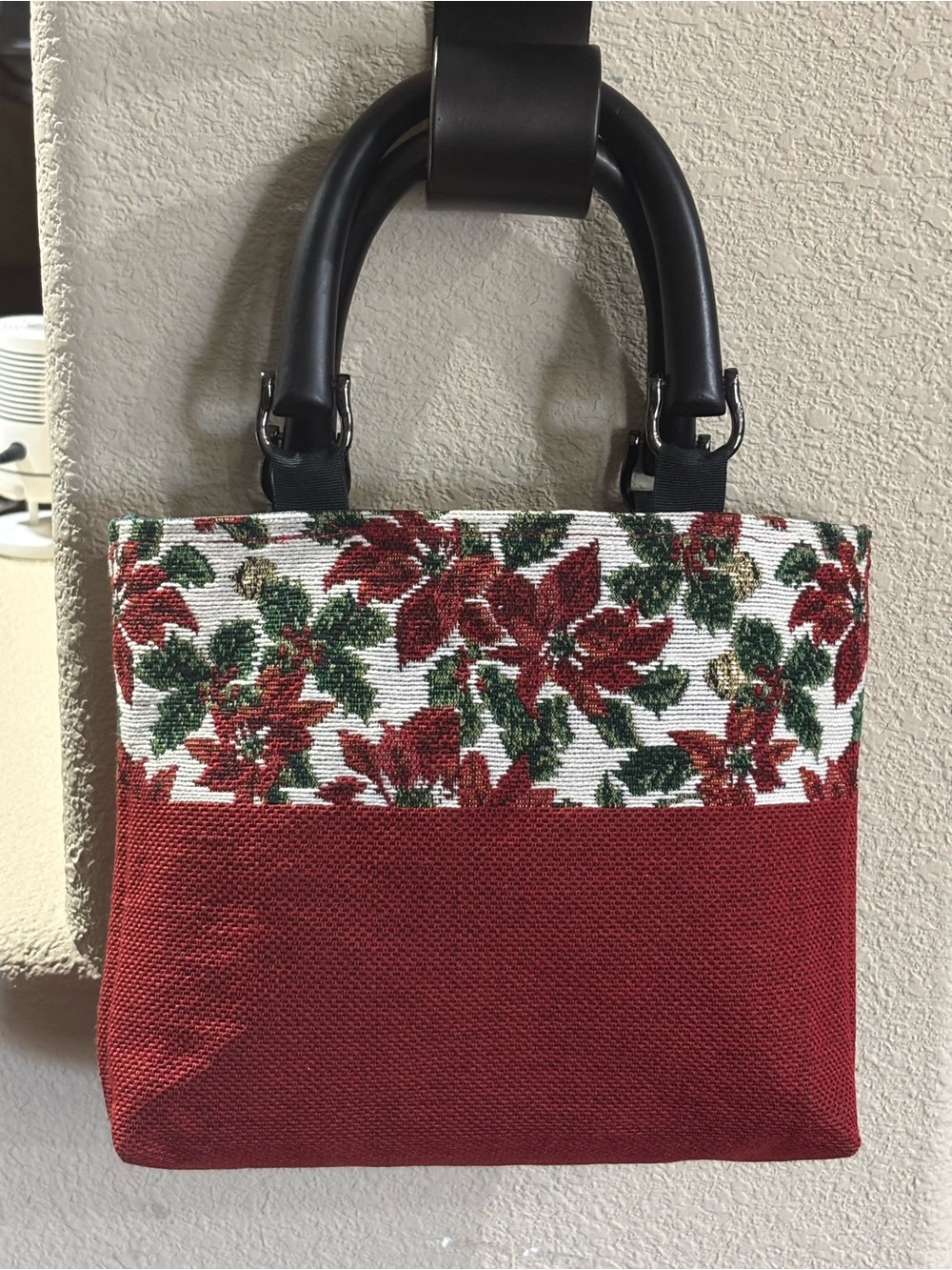 Festive Red Floral Panel Satchel with Black Handles